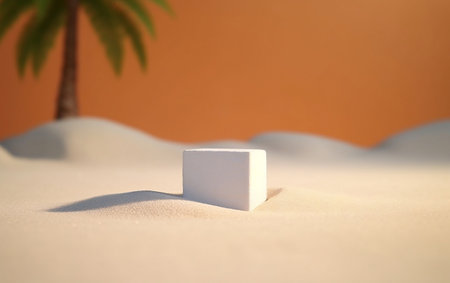 White Block in Sand with Palm Tree Generative AIの素材