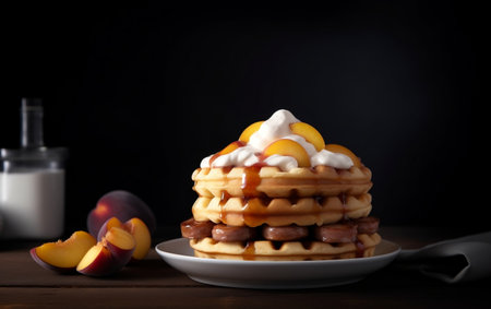 A Close up Shot of a Stack of Fluffy Waffles with Whipped Cream Generative AIの素材