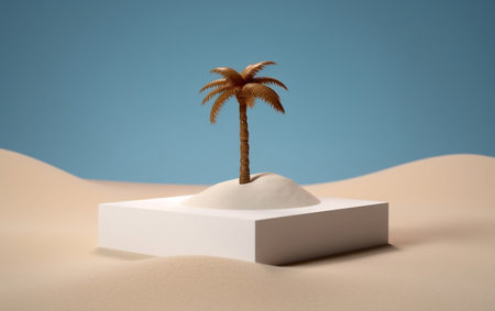 White Block in Sand with Palm Tree Generative AIの素材