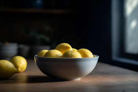 Large Tabletop with a Bowl of Lemons Generative AIの素材