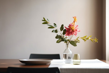 Minimalist Dining Table with a Single Vase Holding Generative AIの素材