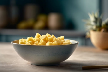 Tabletop with a Bowl of Pineapple Chunks Generative AIの素材