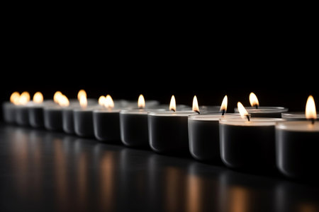 Row of White Tea Candles Perfectly Aligned on a Smooth Surface Generative AIの素材