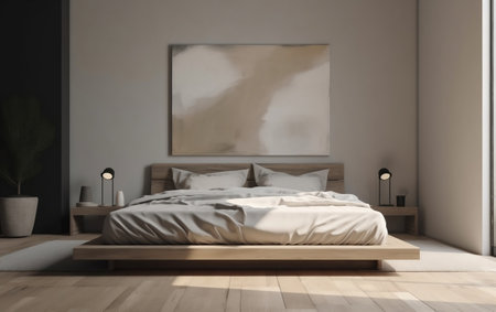 Crisp White Platform Bed in Minimalist Bedroom Generative AIの素材