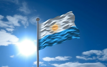 Flying Argentina Flag on Blue Sky Generative AIの素材