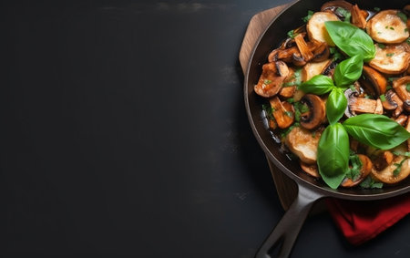 Fried Porcini Mushrooms in Pan with Fresh Herbs Background Generative AIの素材