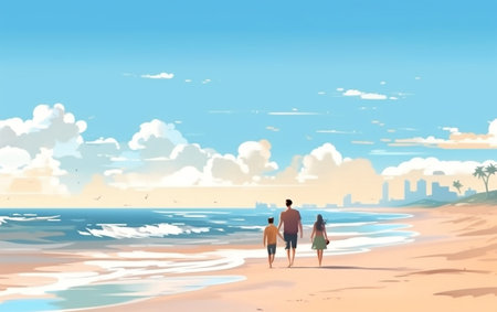 Family Strolling on the Beach Generative AIの素材