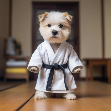 Karate Clad Canine Adorable Dog in Gi Uniform Generative AIの素材