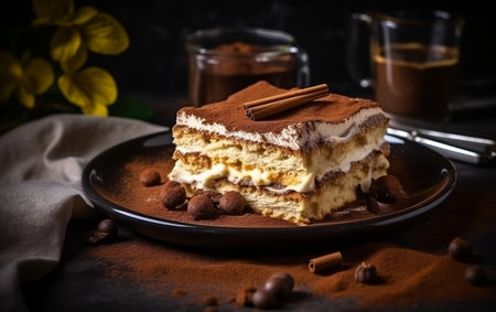Scrumptious Tiramisu on Dark Background Generative AIの素材