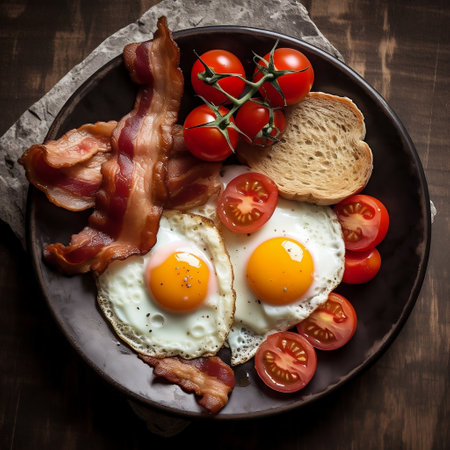 Classic English Breakfast Top Down View with Eggs Generative AIの素材