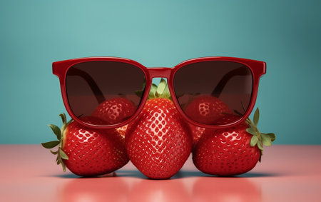 A group of strawberries with sunglasses on a blue background Generative AIの素材