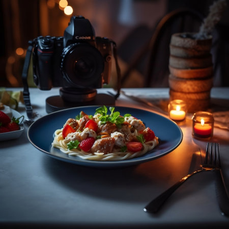 A plate of food with a camera and a bowl of soup Generative AIの素材