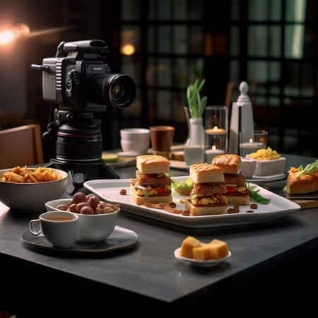 A table set with various dishes and a camera capturing the scene Generative AIの素材