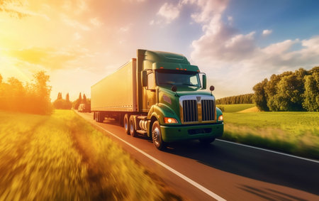 A semi truck driving down a road Generative AIの素材