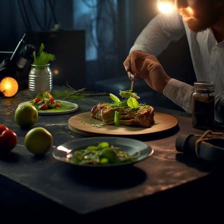 A table set with various dishes and a camera capturing the scene Generative AIの素材