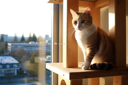 A cat gracefully climbing a tall cat tower near a windowの素材