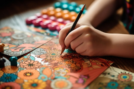 Close-up of a child's hands coloring and workingの素材
