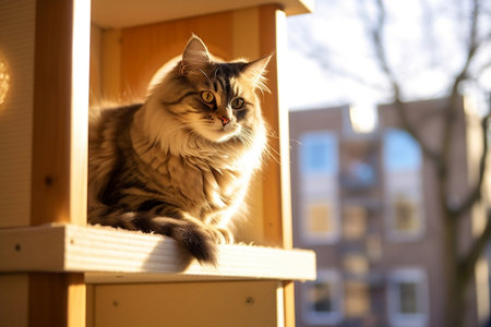 A cat gracefully climbing a tall cat tower near a windowの素材
