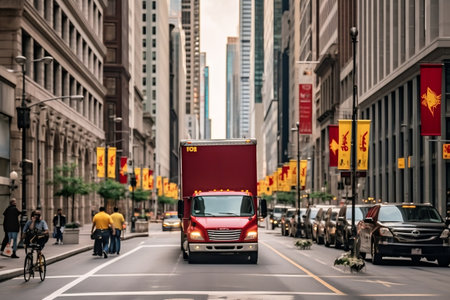 A delivery truck navigating its way through the streetsの素材