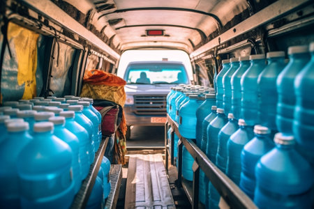A delivery truck carrying a load of emergency suppliesの素材