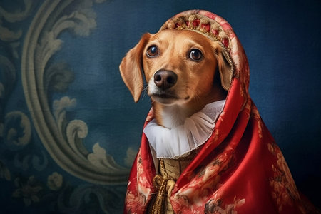 A dog transformed into a classical painting by wearing elegant attireの素材