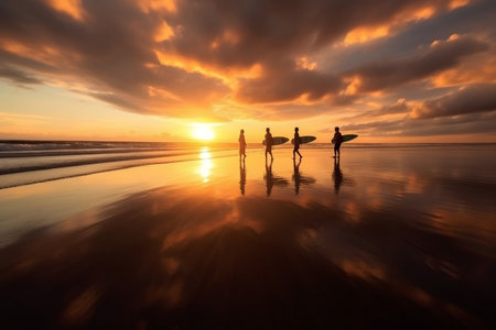 Surfers enjoying an amazing sunset with beautiful cloud formations and the sunの素材