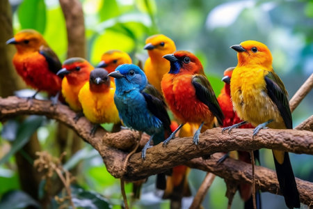 A vibrant flock of tropical birds perched on branchesの素材