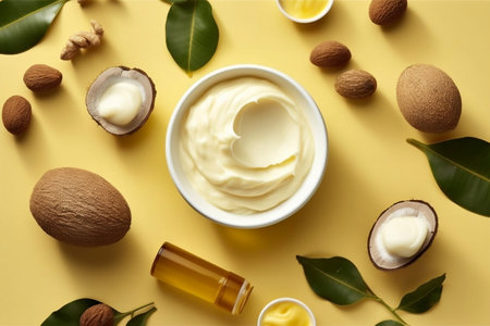 Flatlay background showcasing Shea Butter care productsの素材