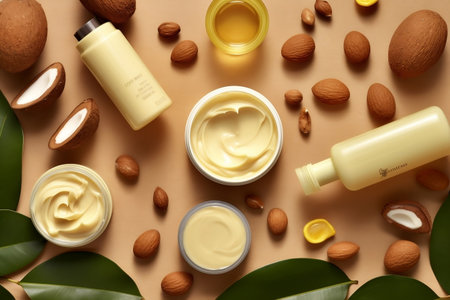 Flatlay background showcasing Shea Butter care productsの素材