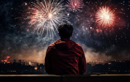 A person watching celebratory fireworks from the rear viewの素材