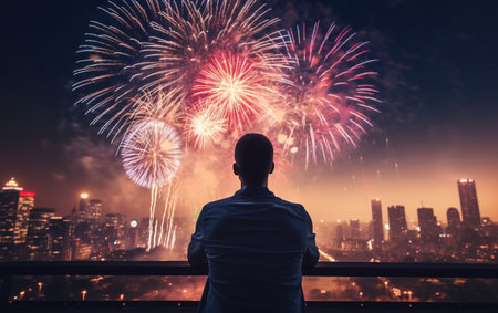 A person watching celebratory fireworks from the rear viewの素材