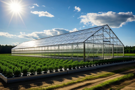 Spacious industrial greenhouse with lush greeneryの素材