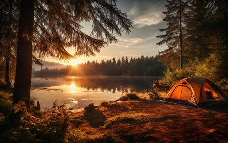 Pine Forest Retreat Camping and Tent by the Lake Generative AIの素材