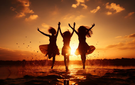 Golden Moments Silhouette of Joyful Friendship Day Jumping Generative AIの素材