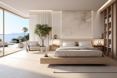 A bedroom with a large bed and a large window Generative AIの素材