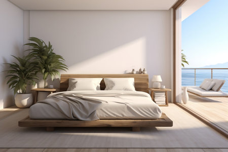 A bedroom with a large bed and a large window Generative AIの素材