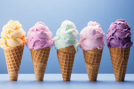 Colorful Background with Fruit Ice Cream in Cone Generative AIの素材