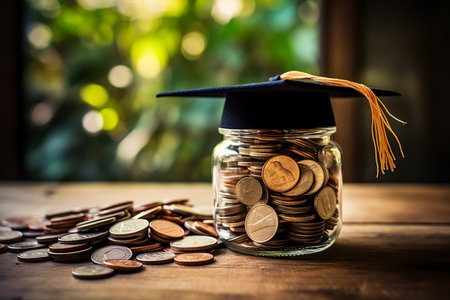 Graduation Hat on Money Coins in Glass Jar Generative AIの素材