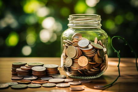Graduation Hat on Money Coins in Glass Jar Generative AIの素材