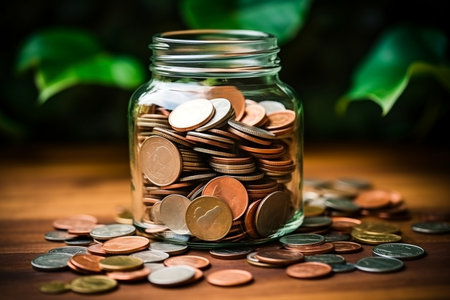 Graduation Hat on Money Coins in Glass Jar Generative AIの素材