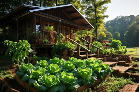 A garden with lots of green plants in front of a house Generative AIの素材