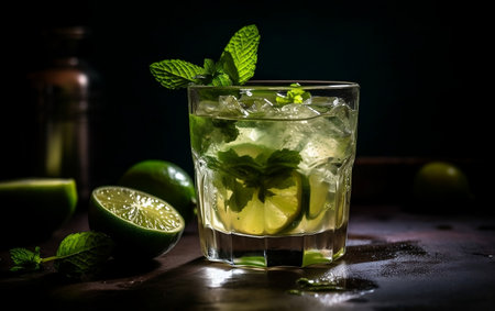 A refreshing glass of mojito with fresh limes and mint leavesの素材