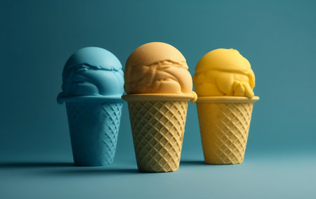 Three ice cream cones with different flavors of ice creamの素材