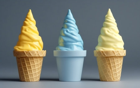 Three ice cream cones with different flavors of ice creamの素材