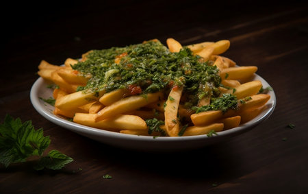 A bowl of french fries with parsley on topの素材