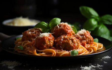 A plate of spaghetti with meatballs and tomato sauceの素材