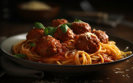A plate of spaghetti with meatballs and tomato sauceの素材