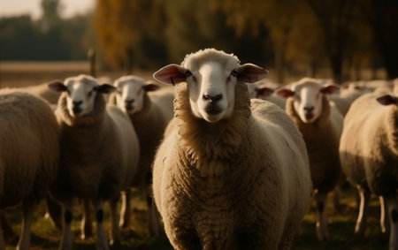 A herd of sheep standing on top of a lush green fieldの素材