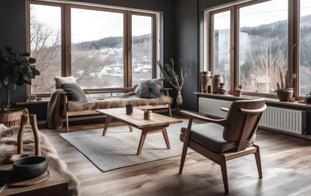 Rustic Live Edge Table and Wooden Armchairs in Harmony Generative AIの素材