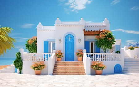 Classic Mediterranean White House with Hillside Pool Generative AIの素材